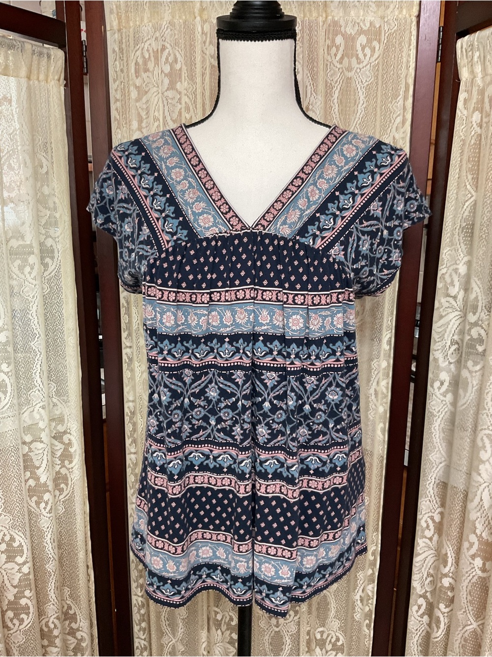 LUCKY BRAND S/S PRINT TOP - SZ X-SMALL